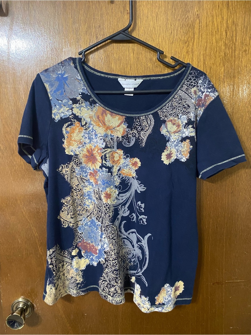 Christopher & Banks Navy Short-Sleeve Floral Scoop Neck Top Size XL